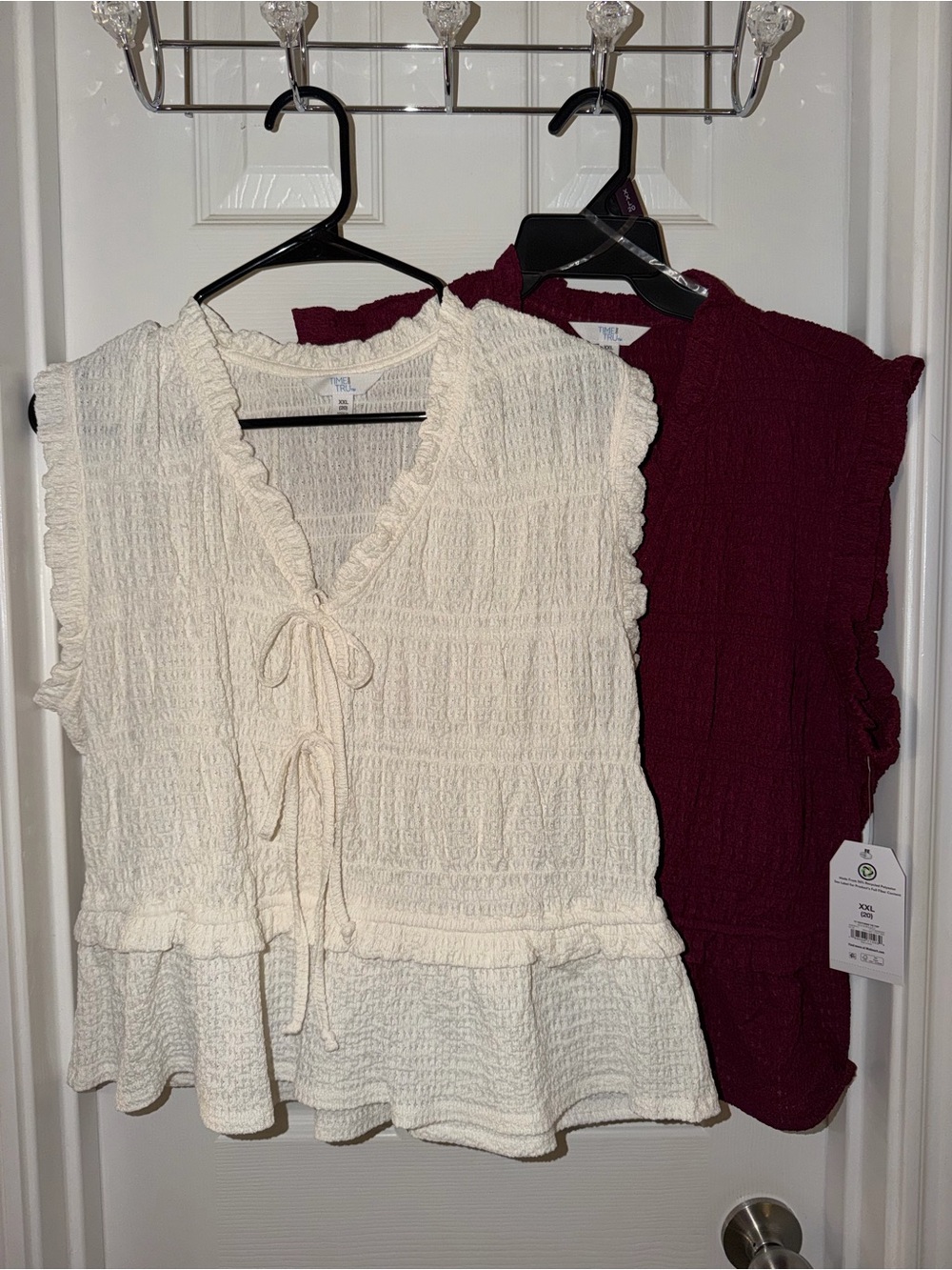 Set of 2 Women's Light Cream & Burgundy Ruffle Bow Tops